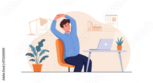 A man stretching at his desk in a home office setting, featuring a laptop, plant and desk lamp. Concept for ergonomic workspace, health break reminders and remote worker wellness