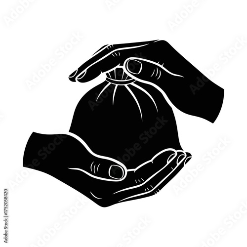 Illustrative icon of careful financial management, with hands gently embracing a closed money bag for safekeeping