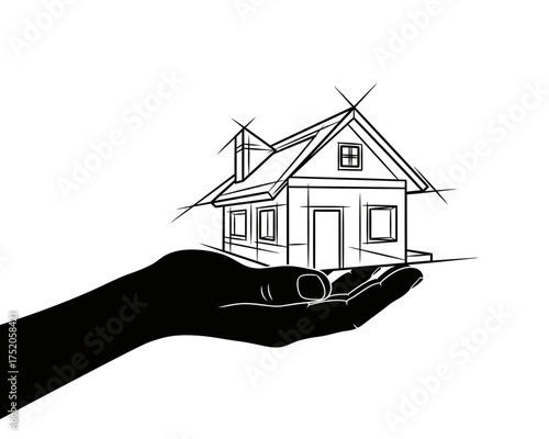 Hand holding a conceptual architectural drawing of a dream home project on a white background