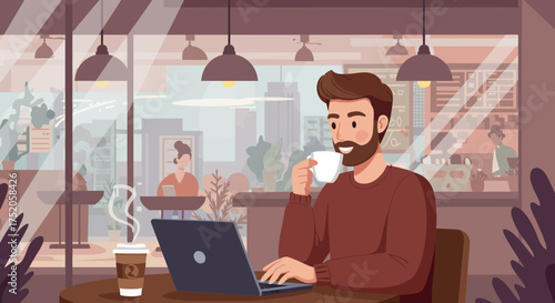 Man with beard working on laptop and drinking coffee in cafe with city view, concept for remote work, freelance lifestyle and coffee shop promotion