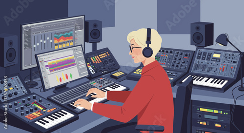 A woman composes music with digital audio workstations, wearing headphones in sound studio. Concept for electronic music production, sound engineering and audio mixing