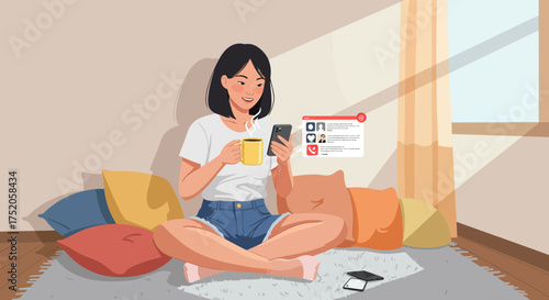 Smiling woman seated on the floor, holding a mug and using her smartphone in her home, concept for online communication, social media engagement and remote networking