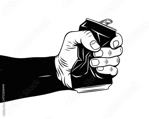 Powerful human hand crushing an empty aluminum beverage can with force, symbolizing frustration or environmental impact