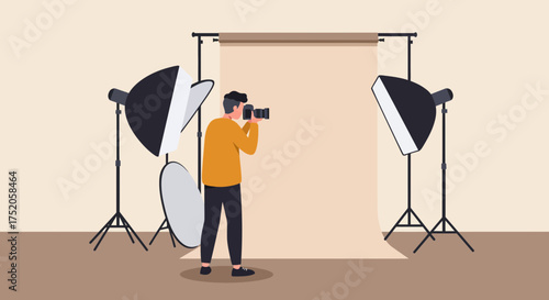 Illustrative shot of a man taking picture in a studio with backdrop and lighting equipment setup professionally, concept for promotional content creation, digital marketing visuals and product
