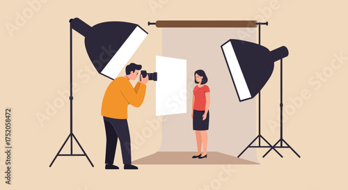 Illustration of a photographer taking a picture of a woman in a studio with lighting equipment, concept for fashion photography, portrait sessions and product advertising