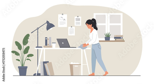 Woman wiping a desk in a home office setting with a laptop and documents, concept for home organization, office cleaning and work from home lifestyle