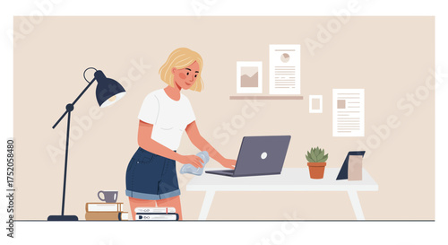 Illustration of a woman cleaning her laptop with a cloth on a tidy desk in her home office, concept for hygiene maintenance, workspace tidiness and home office organization