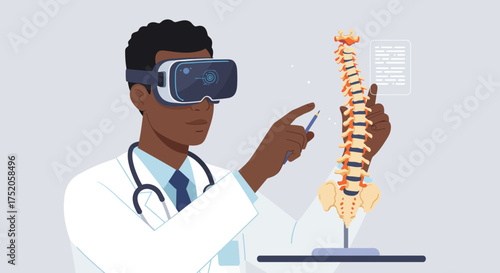 Illustration of doctor using VR headset examining spine model with pen, concept for medical education, healthcare technology and surgery simulation