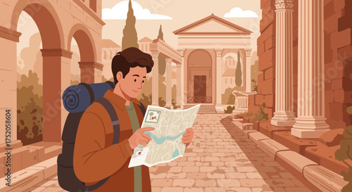 Young man with backpack looking at map in historic old town with ancient roman architecture. Concept for travel guide, historical tourism and city exploration