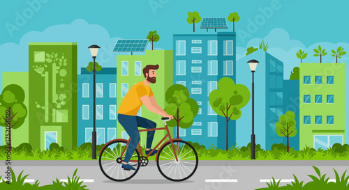 Man cycling in a city with green buildings and solar panels, surrounded by trees and street lamps. Concept for sustainable living, eco-friendly urban planning and environmental awareness