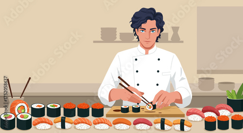 Chef in white uniform preparing sushi on a wooden board with various sushi types, concept for restaurant menu design, food blog illustration and culinary arts promotion