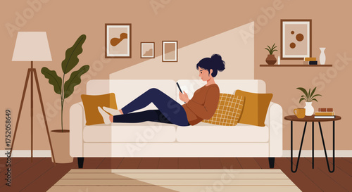 Woman reading a book on sofa in cozy living room with lamp and plants, concept for leisure time reading, relaxation at home and interior design mood board