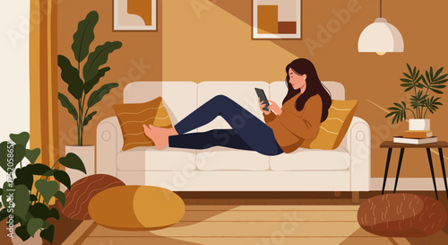 Young woman relaxing on a white sofa at home while using her tablet device, concept for relaxation, online communication and interior decoration