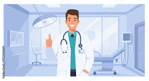 Cheerful doctor with stethoscope giving thumbs up in examination room, concept for medical consultation, healthcare service and patient diagnosis