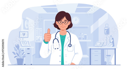 Middle-aged female doctor with stethoscope giving thumbs up in a clinic setting. Concept for medical consultation, healthcare assistance and telemedicine service