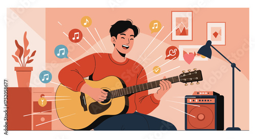 A smiling young man passionately plays acoustic guitar at home with amplifier, concept for music education, creative lifestyle and hobby, entertainment activities