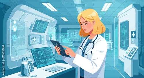 Female doctor using digital tablet with futuristic medical interfaces in a hospital room, concept for healthcare innovation, diagnostic technology and telemedicine solutions