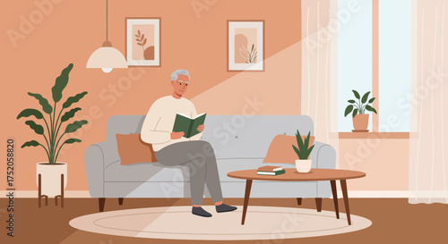 Elderly man reading book on sofa in bright living room with houseplants and warm light, concept for domestic lifestyle, relaxation moment and comfortable interior space