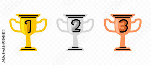 Golden, silver and bronze trophy or prize cup, graphic design. Victory, achievement, celebration, success and recognition, vector design and illustration