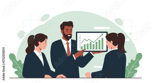 Business presentation with growth graph chart on tablet with two woman colleagues. Concept for financial analysis, investment strategy and corporate meeting