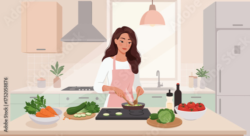 Woman cooking healthy meal in modern kitchen with vegetables on counter, concept for food blog, healthy eating and culinary lifestyle, illustrative vector art