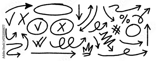 Hand-drawn chalk arrows, frames, and doodle elements. Vector charcoal and crayon sketch strokes with arrows, swirls and check marks