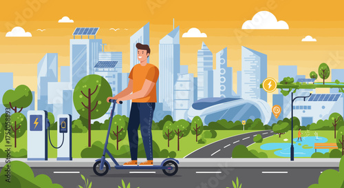 A smiling man rides an electric scooter in a green city with charging stations and solar panels. Concept for eco-friendly transportation, sustainable urban living and renewable energy promotion