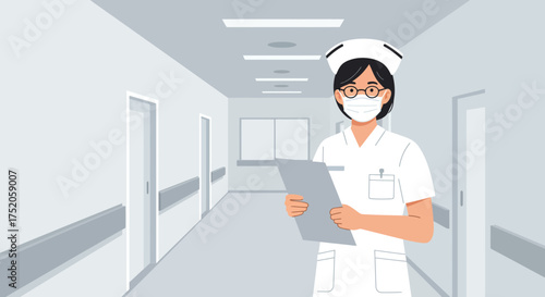 Nurse in white uniform with mask holding chart in a hospital corridor, concept for healthcare professional, medical services and disease prevention