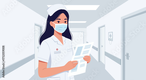 Female nurse with mask reads medical chart in hospital corridor, concept for healthcare professional, medical documentation and patient care