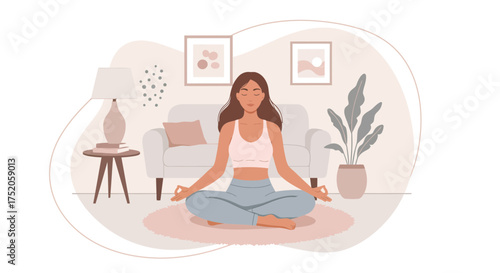 Woman meditating in lotus position on a rug in living room interior with soft colors, concept for wellness app design, stress reduction and indoor activity promotion