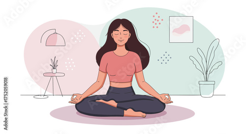 Illustration of a meditating woman sitting in lotus position with serene expression, concept for mindfulness practice, relaxation techniques and inner peace promotion