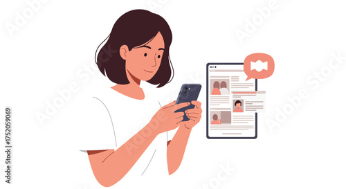 Woman holding smartphone with website design on screen against white background, concept for web development, social media platform and mobile app interface