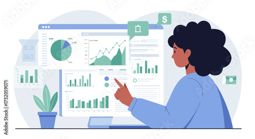 Woman analyzes financial data on a computer screen displaying charts and graphs, concept for business strategy analysis, investment planning and marketing insights