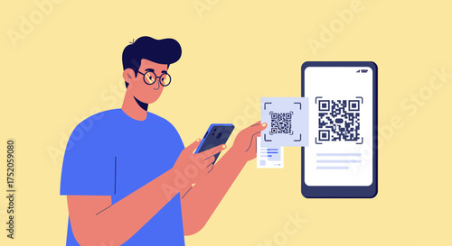 Man scans QR code on card using smartphone, digital mobile payment concept for contactless payment solution, information sharing and secure transaction