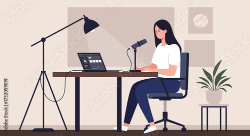 Woman at desk with laptop and microphone recording podcast in a home office setting. Concept for online broadcasting, audio content creation and remote communication platform