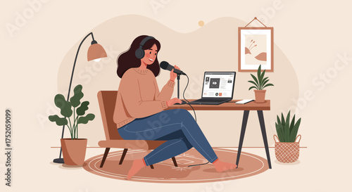 Young woman broadcasting podcast using microphone at home office workspace setup with laptop. Concept for online education, content creation and remote work lifestyle