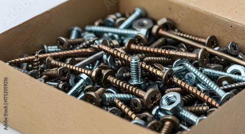 Mixed Silver and Golden Screws in Cardboard Box Construction Material