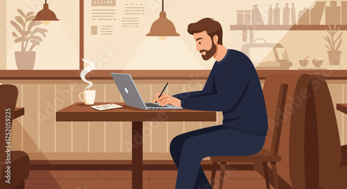 Bearded man working on laptop in cafe with coffee and menu in background, concept for remote work, creative workspace and digital nomad lifestyle