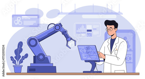 Scientist with robot arm and digital tablet in lab setting with advanced interface, concept for medical technology research, pharmaceutical innovation and automated manufacturing processes