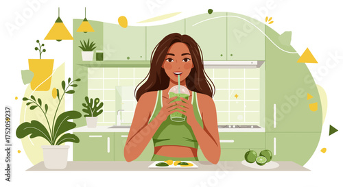 Brunette woman drinks green smoothie in a pastel kitchen with fruit and healthy breakfast, concept for healthy lifestyle, wellness and nutrition guide