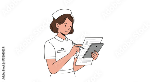 Female nurse in uniform writing on a chart while holding a tablet in her hands, concept for healthcare documentation, patient information management and medical research