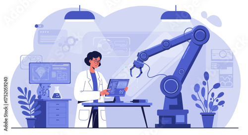 Illustration of a female scientist working with robotic arm in lab, reading data on the screen. Concept for automation technology, scientific research and artificial intelligence