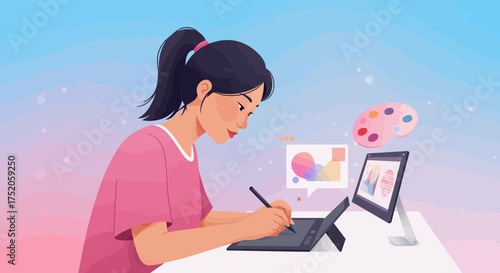 Young woman artist using graphic tablet, design software and color palette on pastel background. Concept for digital illustration, creative art project and freelance artist work