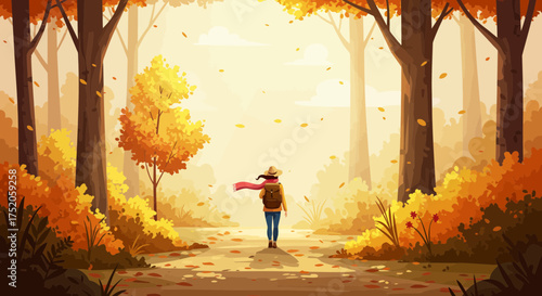 Rear view of a woman walking in the autumn forest with falling leaves and warm light atmosphere. Concept for seasonal vacation, outdoor recreation and nature exploration