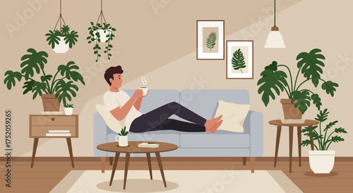 Man relaxes on a sofa with a coffee in a cozy indoor space filled with plants and decor, concept for relaxation at home, cozy lifestyle and interior design inspiration