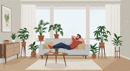 Illustration of a man relaxing on a sofa surrounded by house plants in a bright room, concept for home decor, interior design and wellness promotion