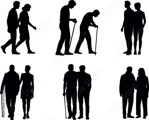 silhouette, couple, elderly, senior, people, love, support, together, relationship, walking, cane, aging, man, woman, family, senior couple, elderly people, 
