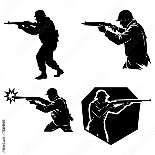 Silhouette illustrations of soldiers in various poses aiming rifles with focused and determined expressions shown