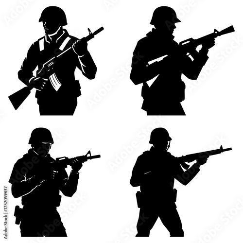 Silhouettes of soldiers holding rifles in various poses against a white background in a vector format