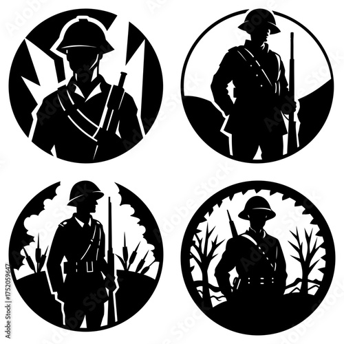 Silhouette illustrations of soldiers in various war settings within circular frames in black and white tones